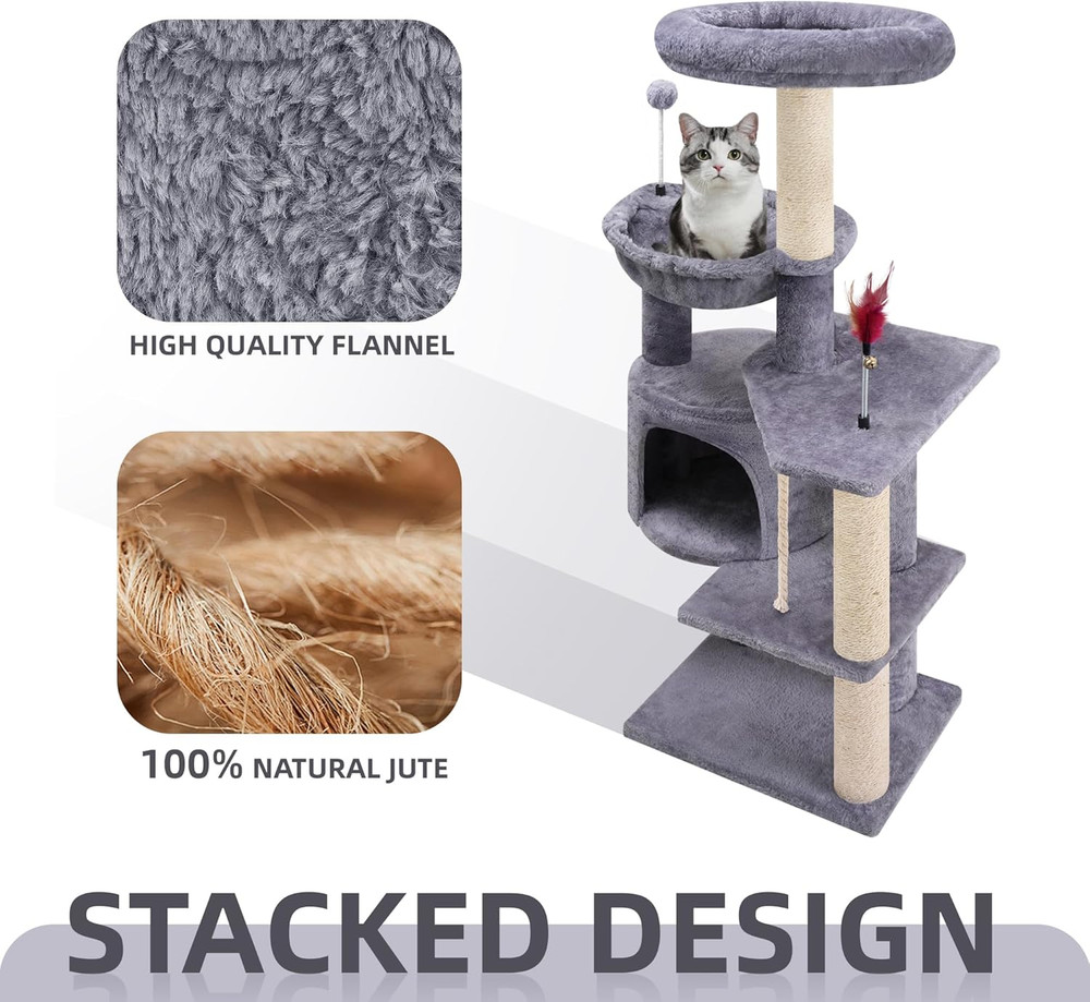 TINWEIUS 42.5'' Grey Cat Tree with Condo, Perches, Scratching Posts & Hammock