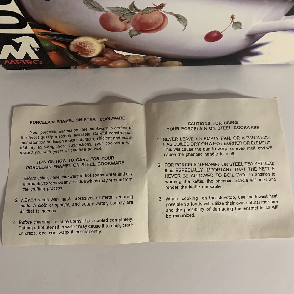 Vintage Metro Enamel Fruit Pattern THREE PIECE SET $40 Excellent condition boxed