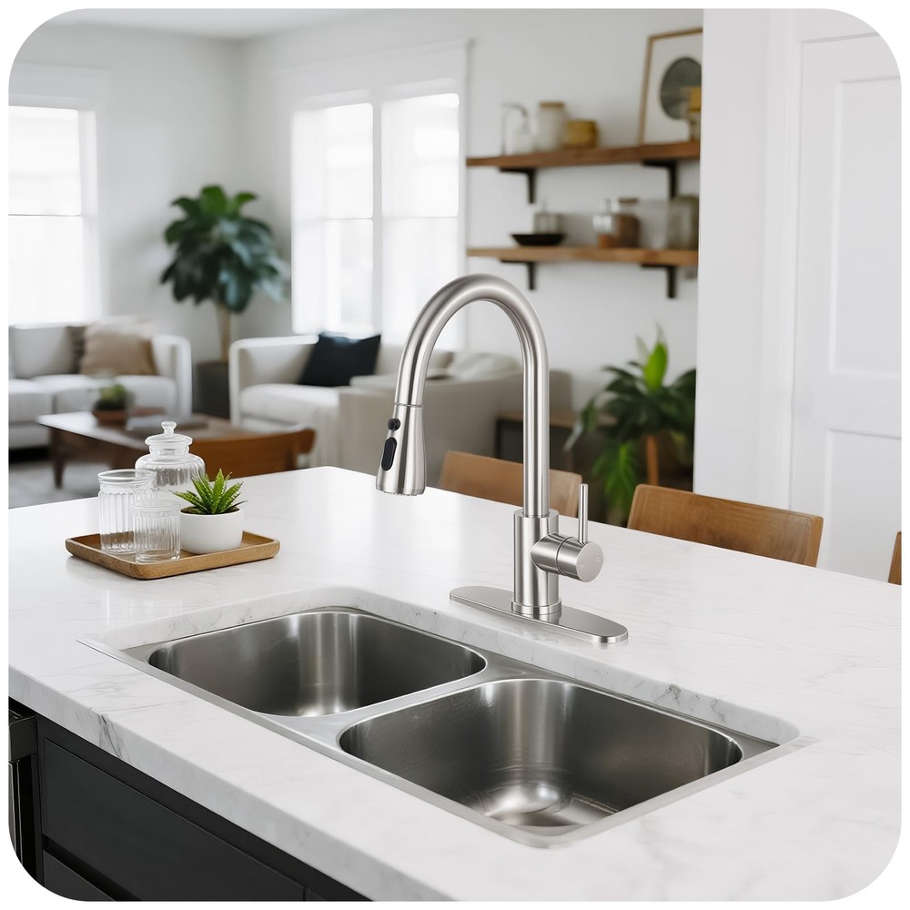 Kitchen Faucet with Pull Down Sprayer - Brushed Nickel Single Handle Kitchen ...