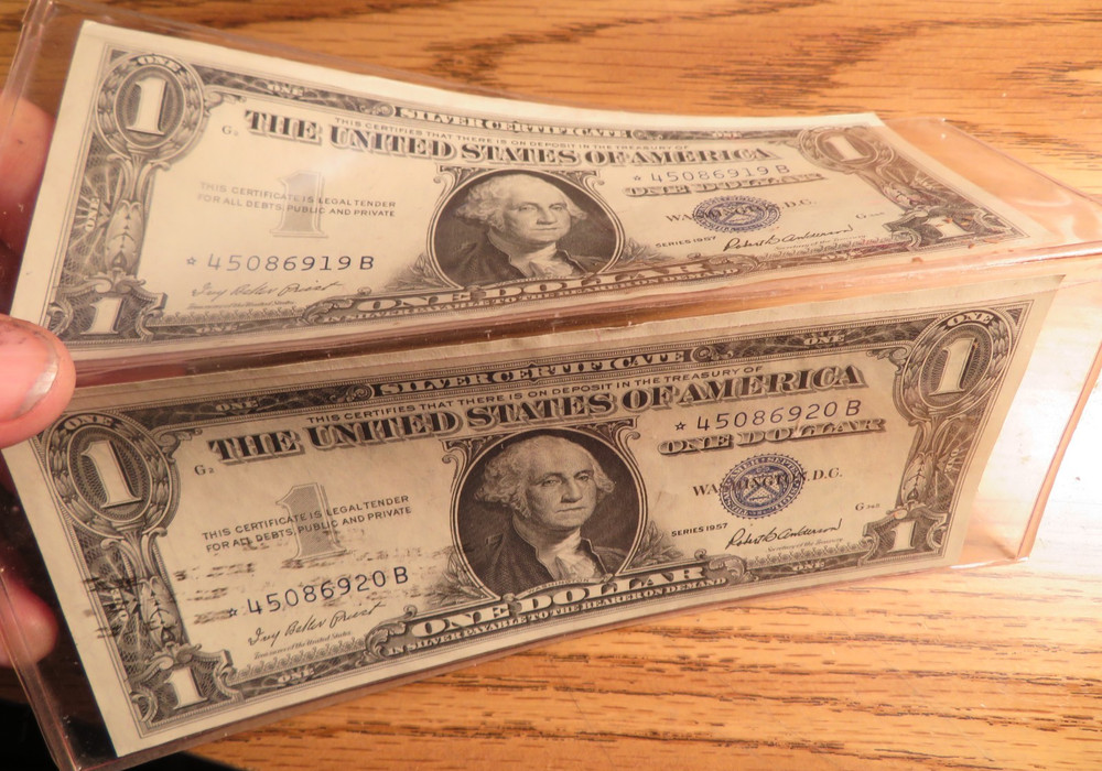 Two (2) 1957 Silver Certificate Dollar Star Notes Consecutive #'s Crisp
