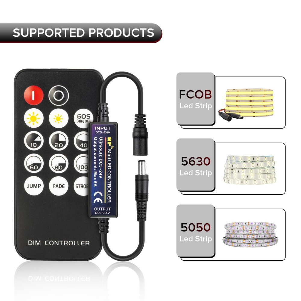 Mini RF Dimmer Controller, 14 Keys, DC5V-24V, Single Color, LED Strips, Switch
