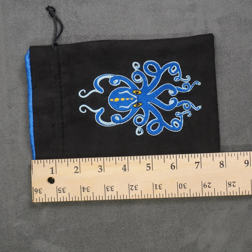 Octopus Embroidered Drawstring Dice Bag Blue Lined RPG Accessory Storage Pouch