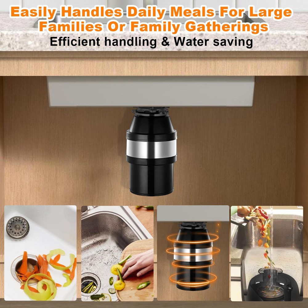 NTUD 3/4 HP Continuous Feed Garbage Disposal With Cord, Anti-Jam & Compact