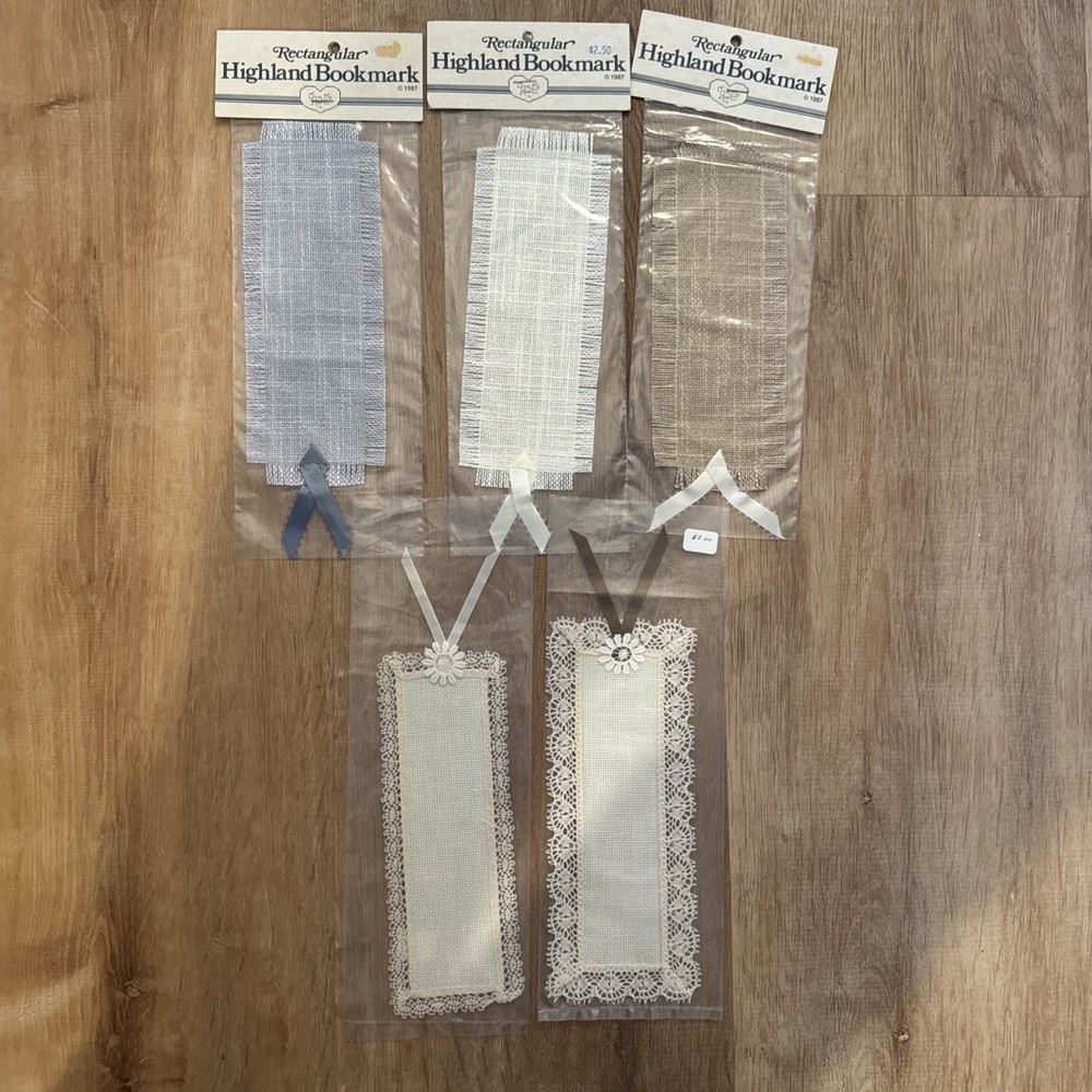 Rectangular Highland Bookmark Cross Stitch W/ Ribbon Blue, Cream, Brown