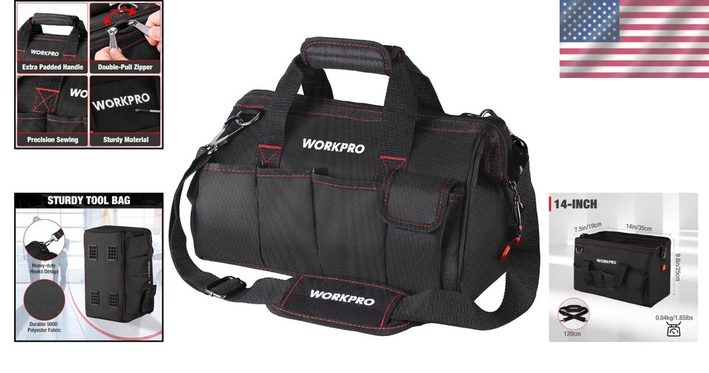 14-Inch Multi-Pocket Tool Organizer with Adjustable Strap - Durable Black Design