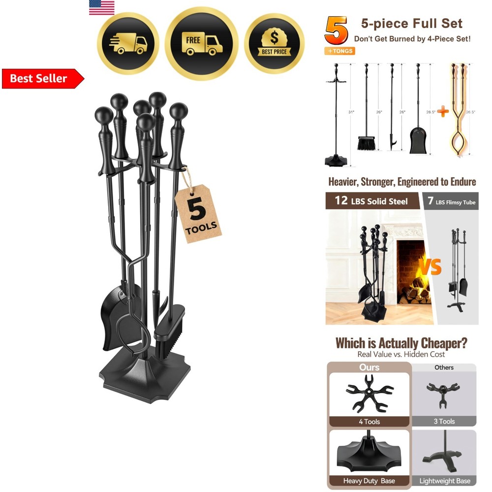 Fireplace Tools Set 31 Inch Black Wrought Iron Indoor Outdoor Fire Pit Access...