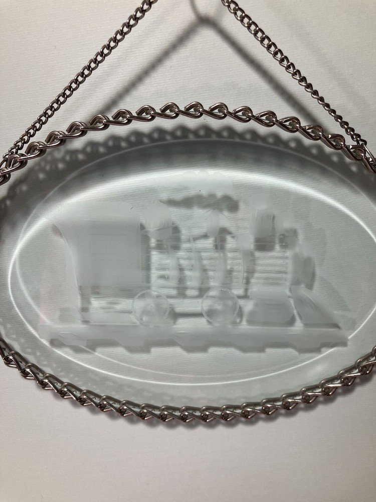 Clear Beveled Etched Glass Suncatcher Train Engine Chain Frame Window Art Oval