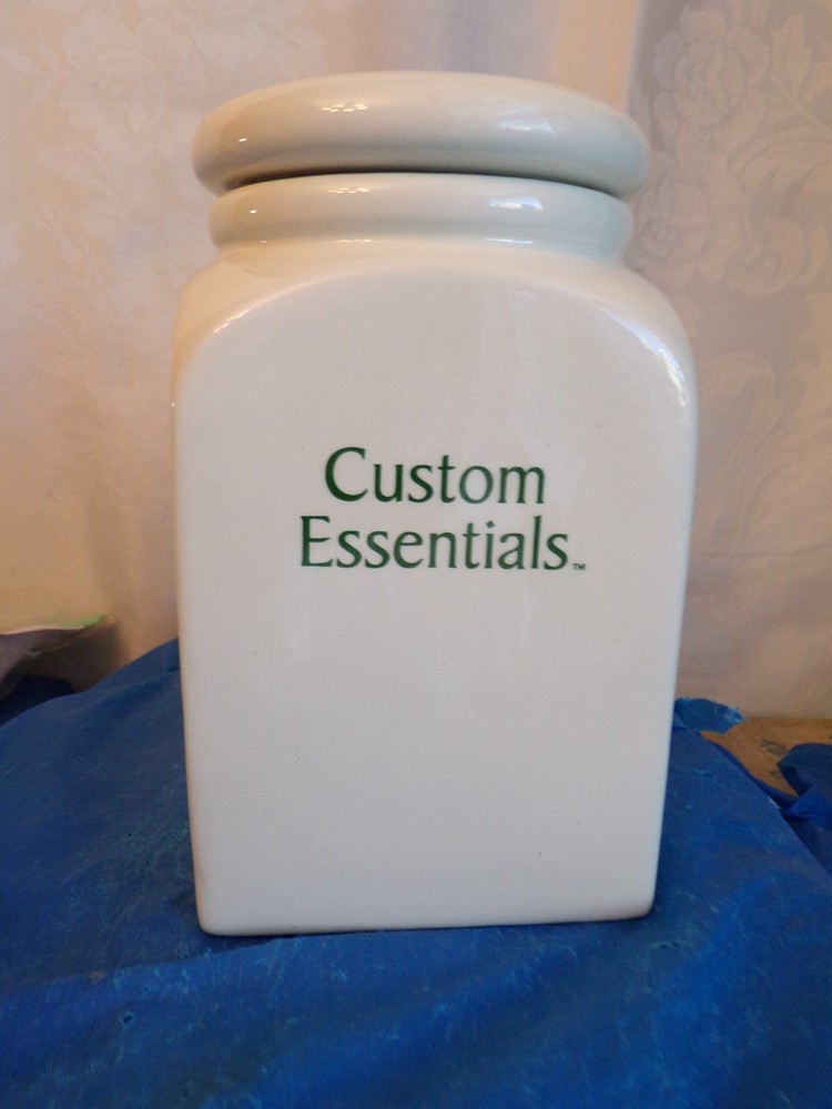 White P & S Ceramic Kitchen Canister w/"Custom Essentials" Text