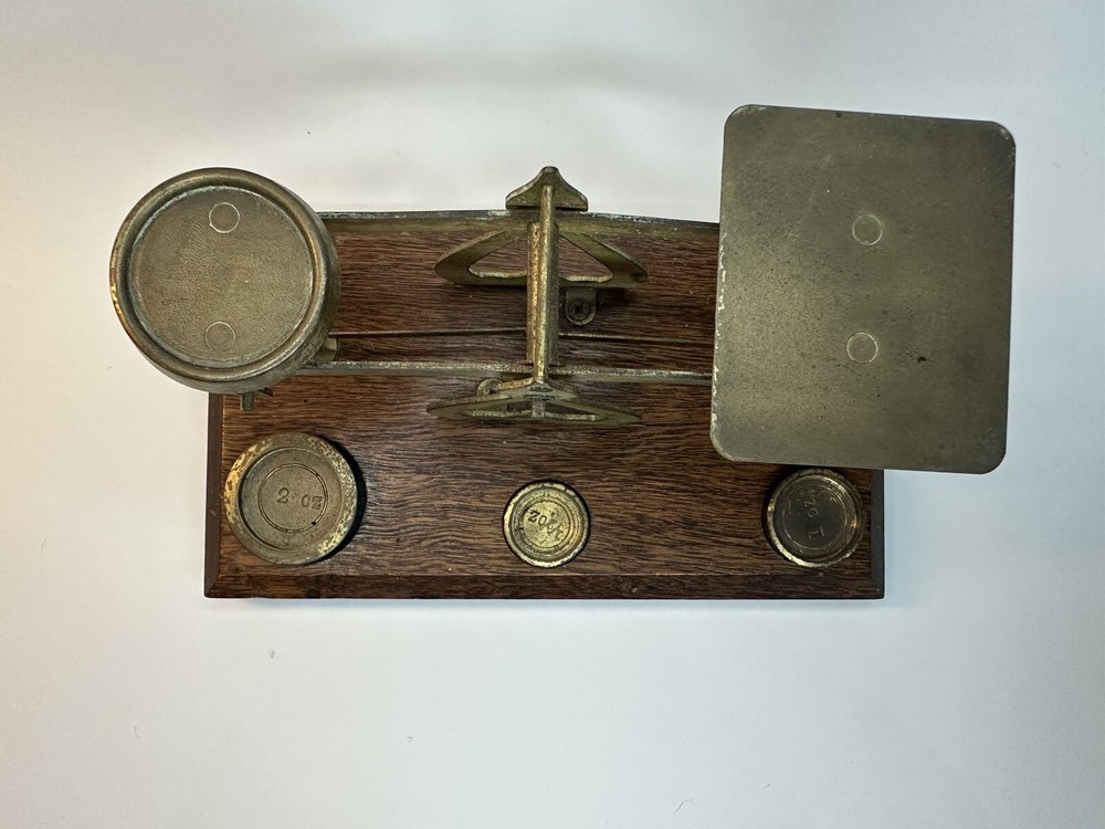 Vintage Brass postal scale, Wood Base With Three Weights.