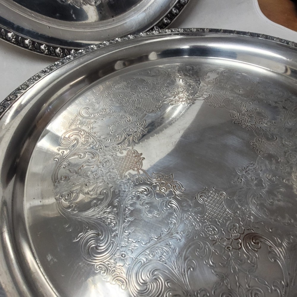 2 Wm. Rogers Silverplate RosePattern 13 Inch Trays Damaged