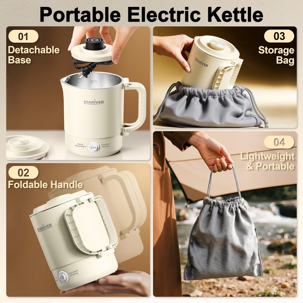 Portable Travel Kettle, 600ML Small Electric Kettle with Foldable Handle, Foo...