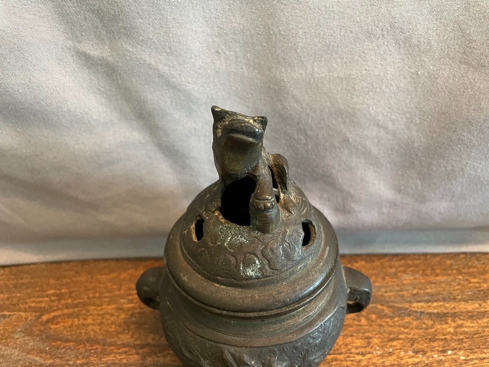 Foo Dog Incense Pot Brass with Elephant Handles