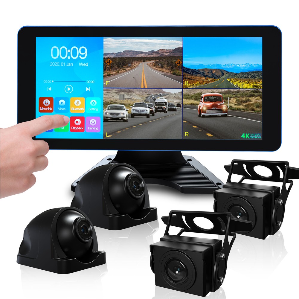 10.36" 4K Backup Camera 4CH Dash Cam with Quad Split Touch Screen & 4 AHD