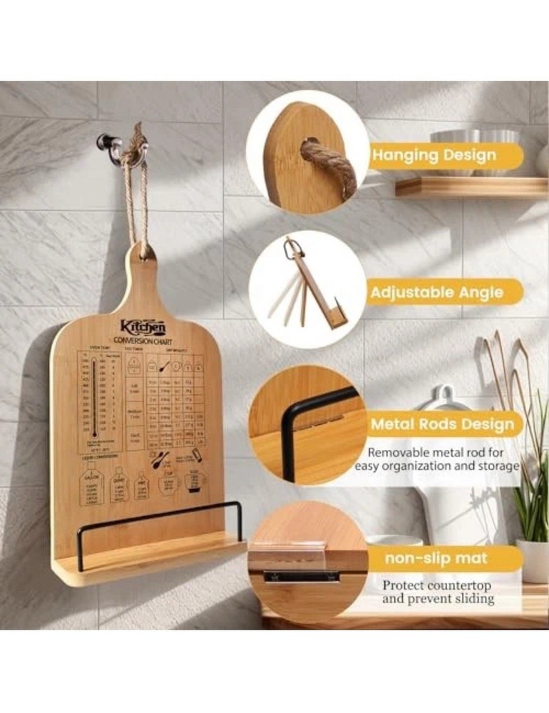 Cookbook Stand Kitchen Counter, Conversion Chart, Bamboo Cookbook Holder, NOB
