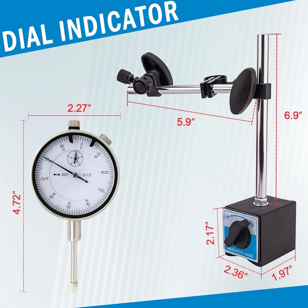 Dial Indicator with Magnetic Base and Point Precision Inspection Set, red