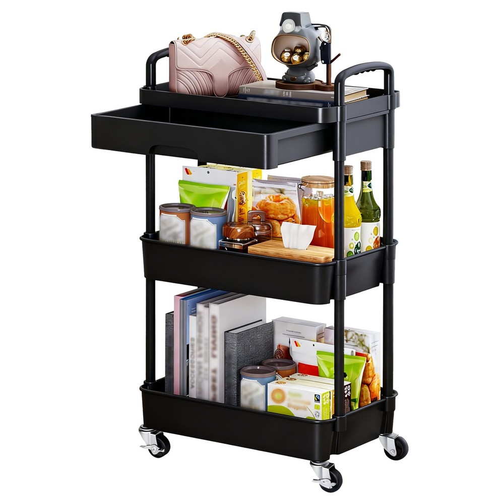 3Tier Storage Cart, Rolling Cart with Drawers Storage Organizer, Rolling Storage