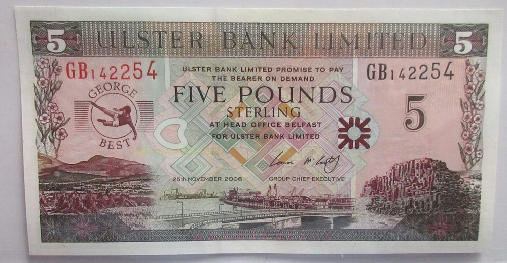 world banknotes(item2646)  GEORGE BEST £5 BANK NOTE WITH FOLDER UNCIRCULATED