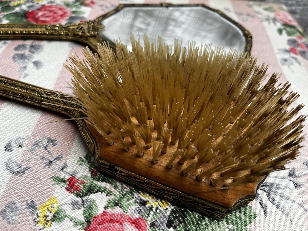 Vintage Embroidered Scroll Work Hand Held Vanity Mirror & Brush Set Gold Tone