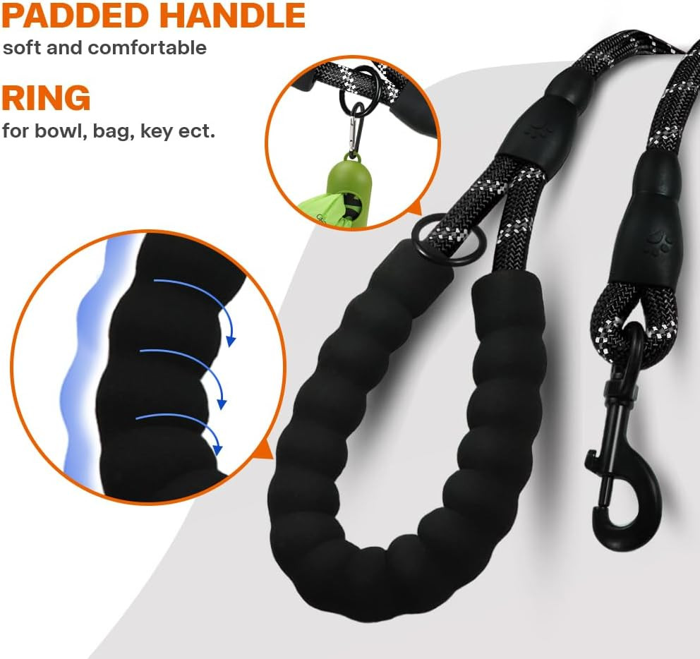 Rope Dog Leash 6 FT with Comfortable Padded Handle, Highly Reflective Threads Le