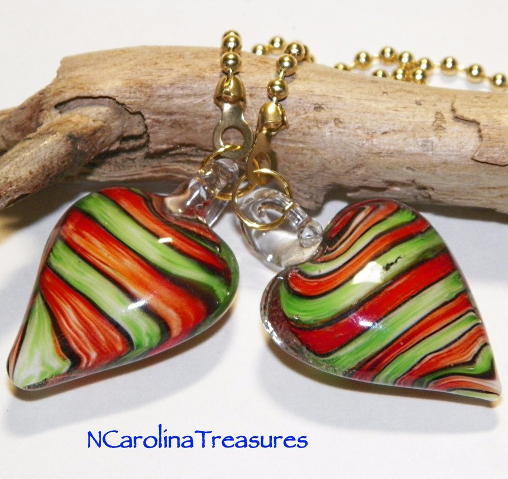 RED GREEN STRIPE HEART HEARTS GLASS CEILING FAN SWITCH PULL PULLS LG PAIR H399