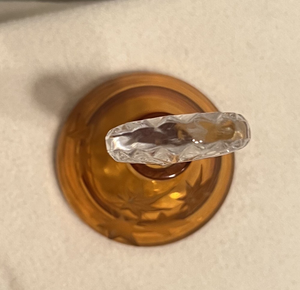 Art Glass Perfume Bottle Amber Etched Leaf Pattern Signed