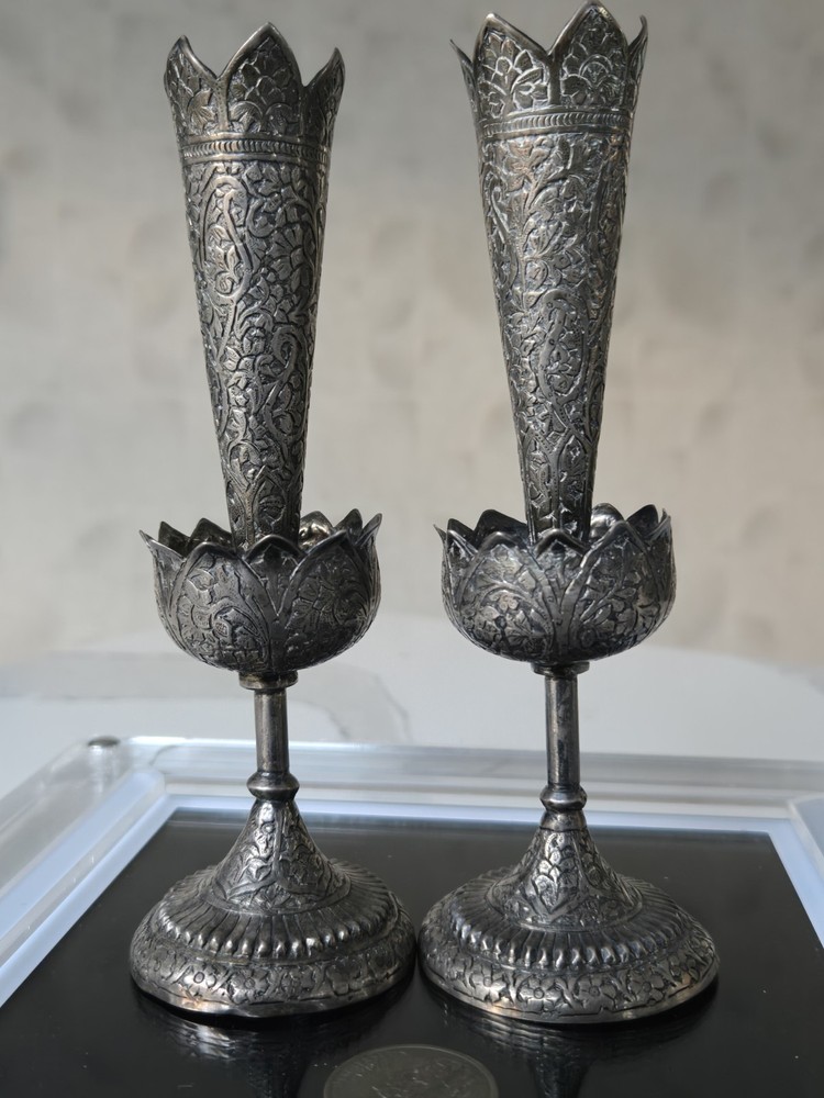 Pair Of Antique Solid Silver India Kashmir Vase