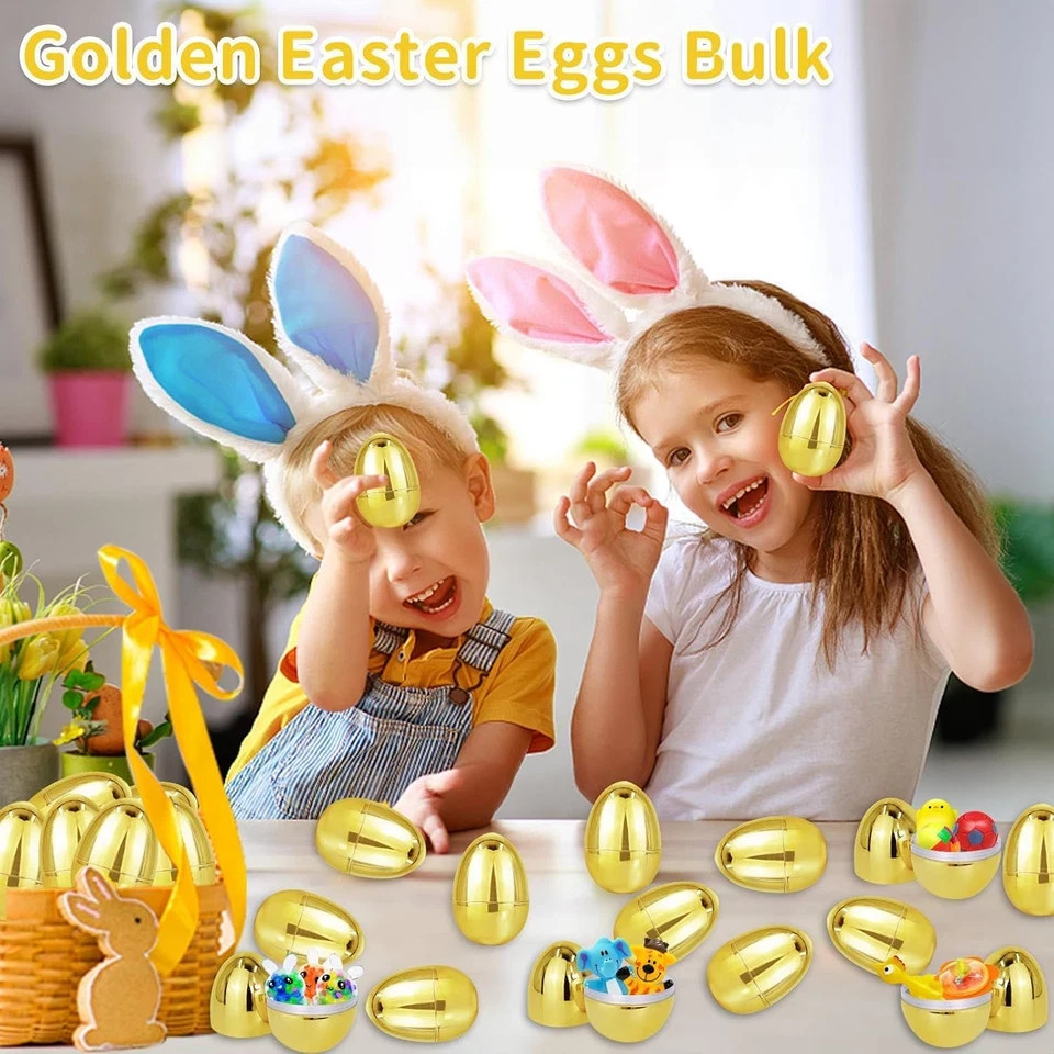 12 Pack 3.15" Large Golden Easter Eggs Empty, Shiny Metallic Plastic Easter Eggs