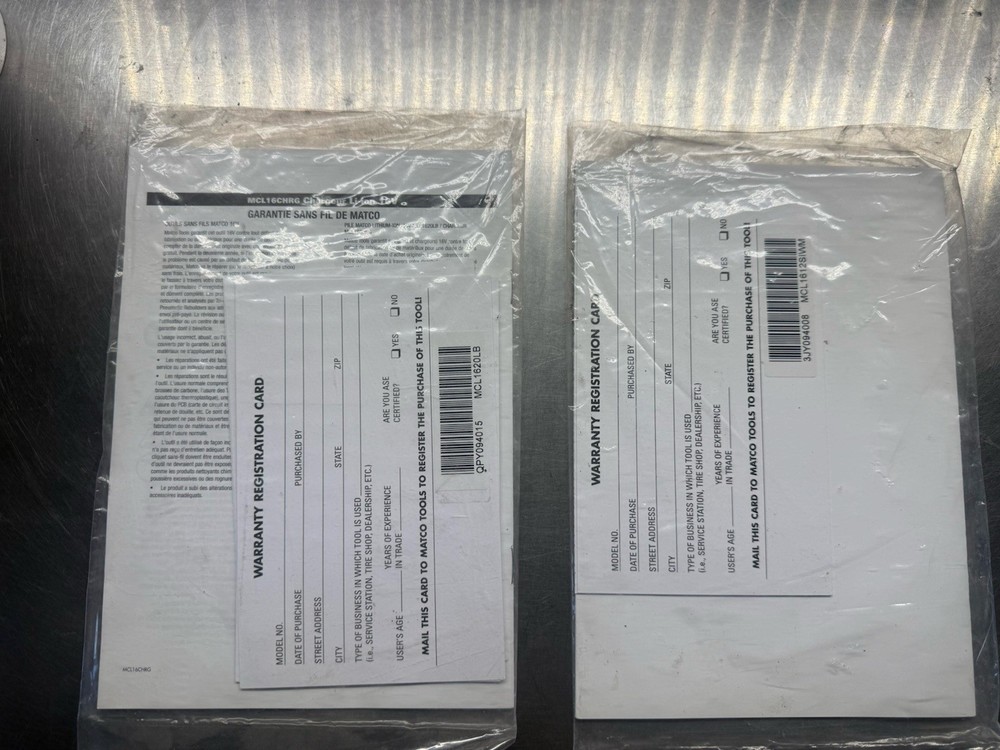 Matco Tools 1/2 Stubby Warranty Sheet