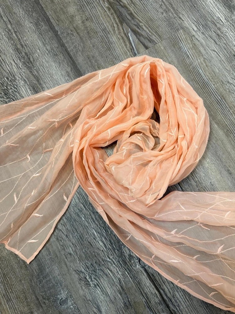 Peach SheeredSilk Blend Chiffon Leafs Embroidered Long Rectangular Scarf 12”x60”