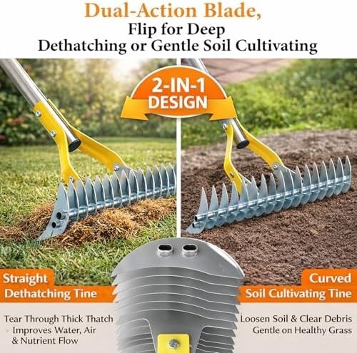 Professional Manual Thatch Rake - Heavy Duty Lawn Dethatcher with Long Handle