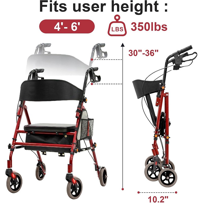 Foldable Rollator Walker 350 lb Capacity w/ 19" Seat & 6" Wheel Rolling Walker