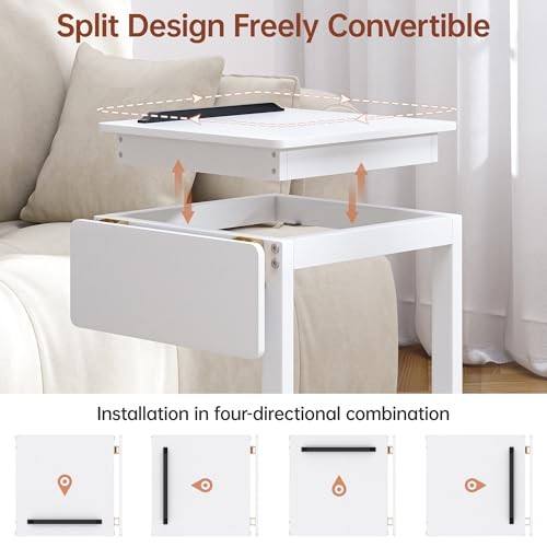 C Shaped End Table, Rolling Side Table with 4-Way C shaped table White