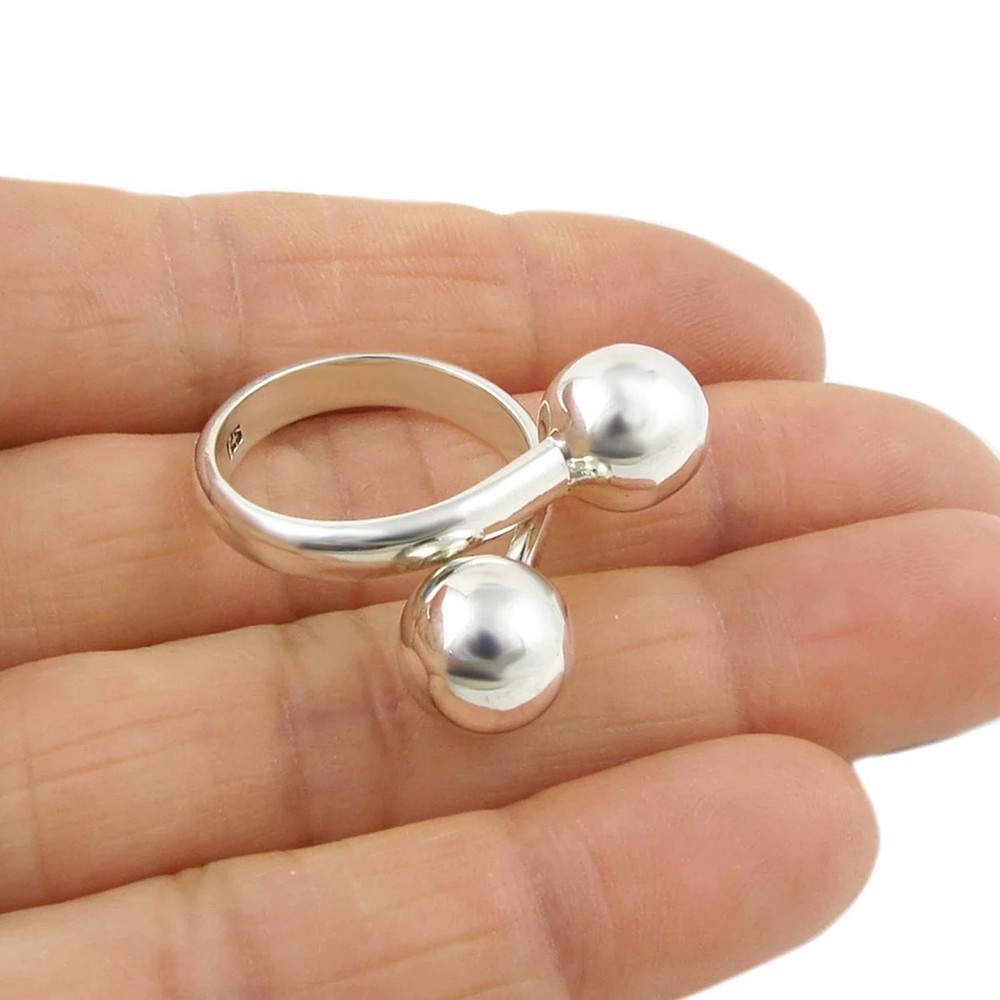 Solid 925 Sterling Silver Twin Ball Ring Modern Art Inspired Adjustable Band