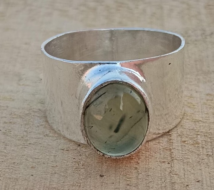 Solid 925 Sterling Silver Natural Prehnite Oval Gemstone Wide Band Handmade Ring