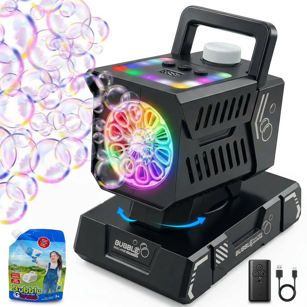 Rechargeable Bubble Machine with Remote & RGB Lights - Automatic Bubble Blower f