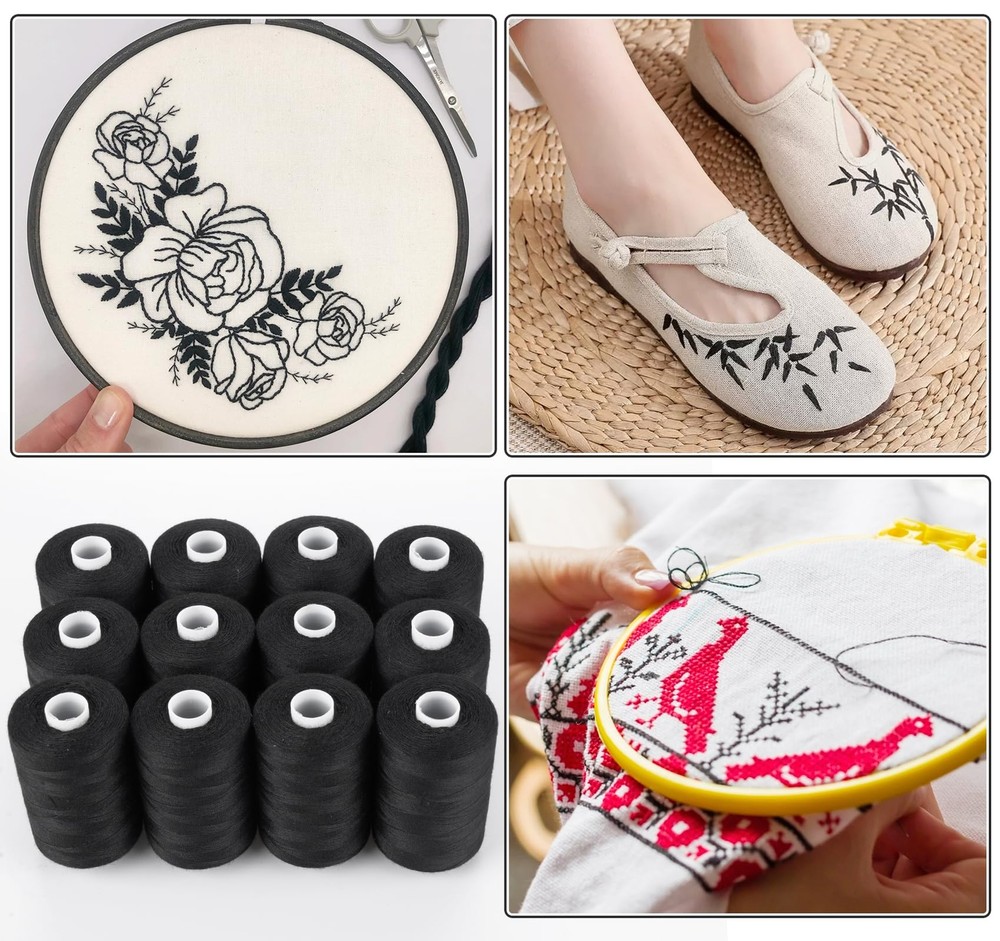 Sewing Thread 12 Spools Black Sewing Thread 1000 Yards per Polyester Thread S...