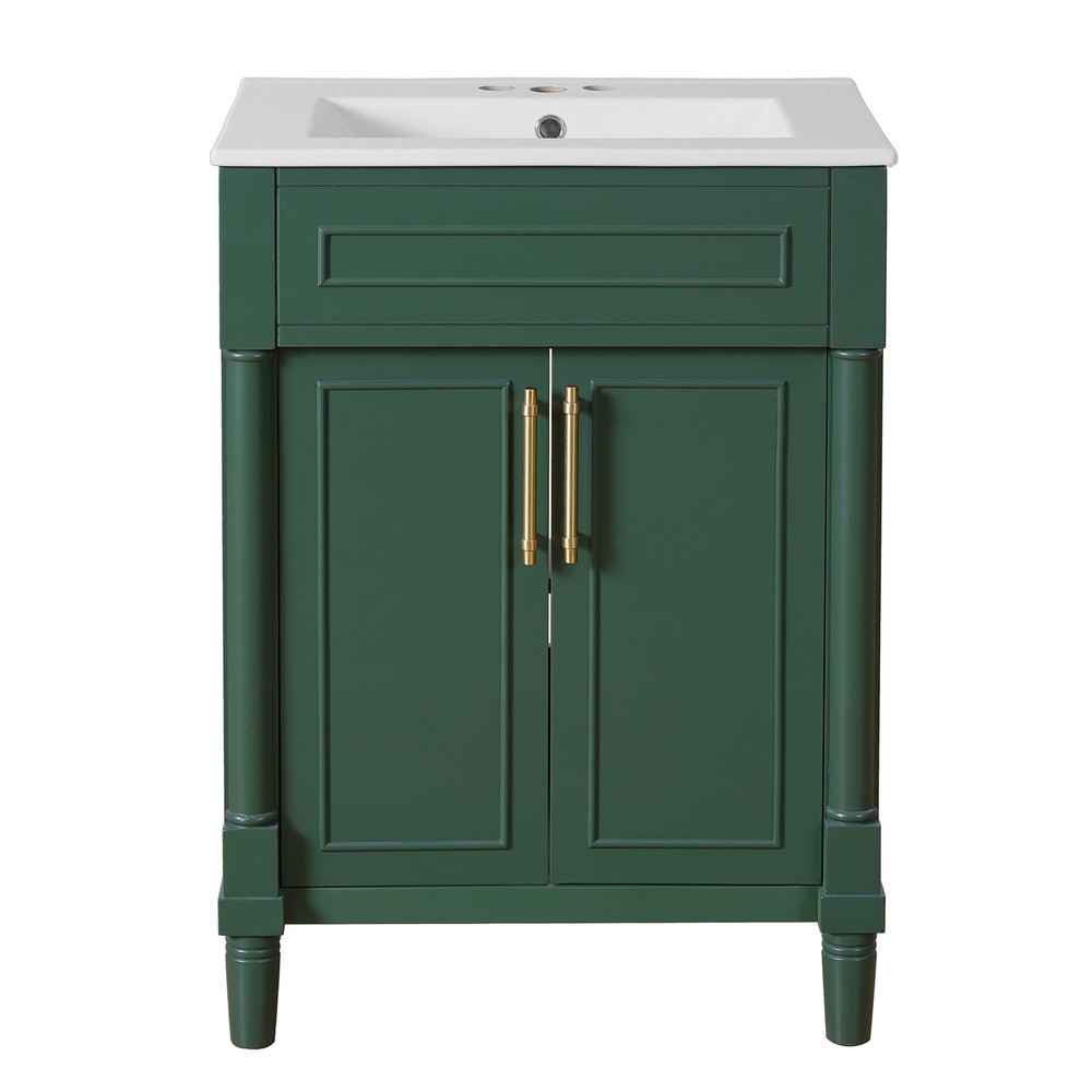 24 in Small Bathroom Vanity w/ Ceramic Sink & 2 Doors, Solid Wood&MDF, Green