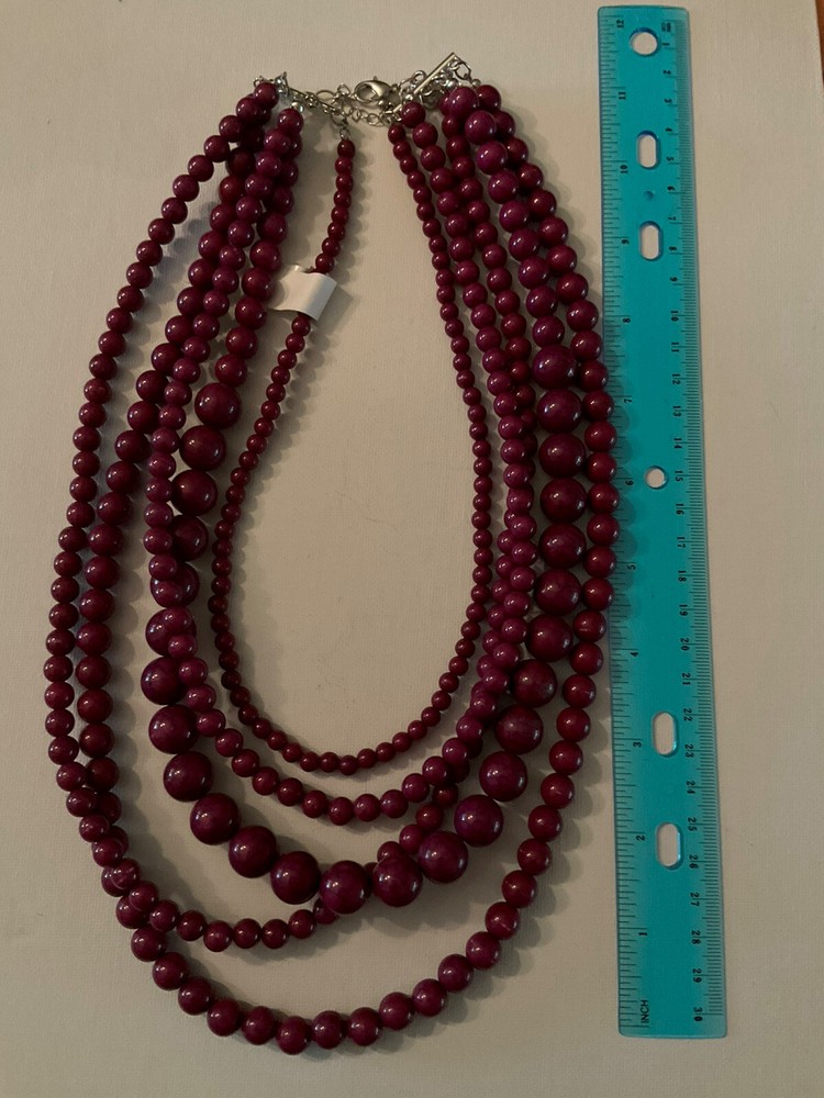 Multistrand purple beaded necklace, plastic five strand statement