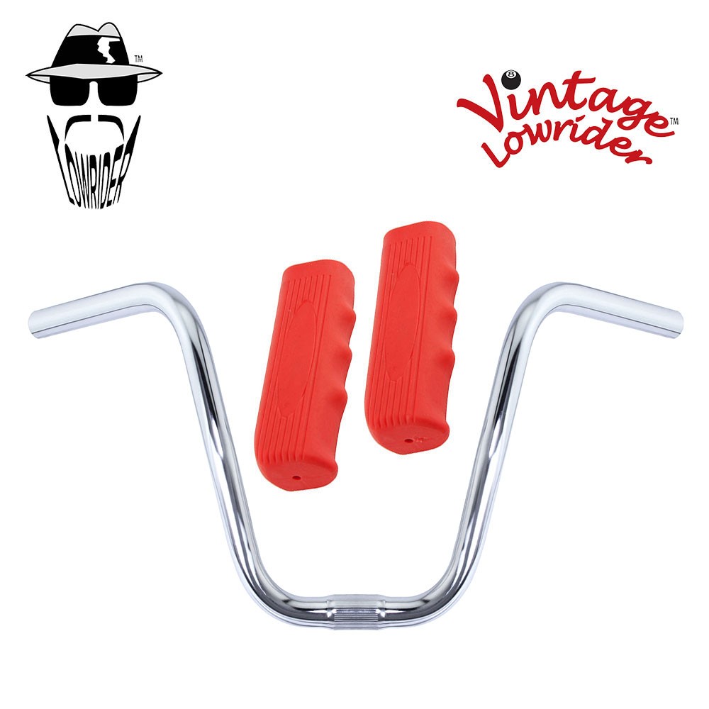 Original Lowrider 9" 25.4 D Handlebar Chrome Custom 120mm Grips Solid/Red