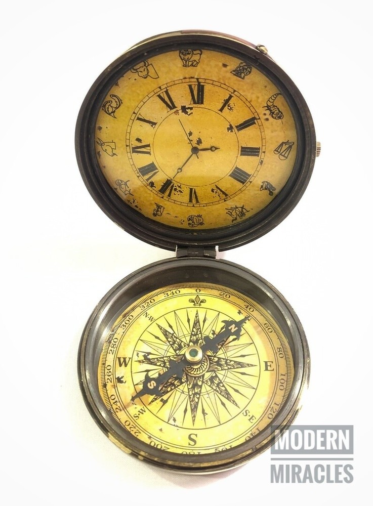 Nautical Brass Pocket Compass with Analog Clock 3" Home & Office Table Decor