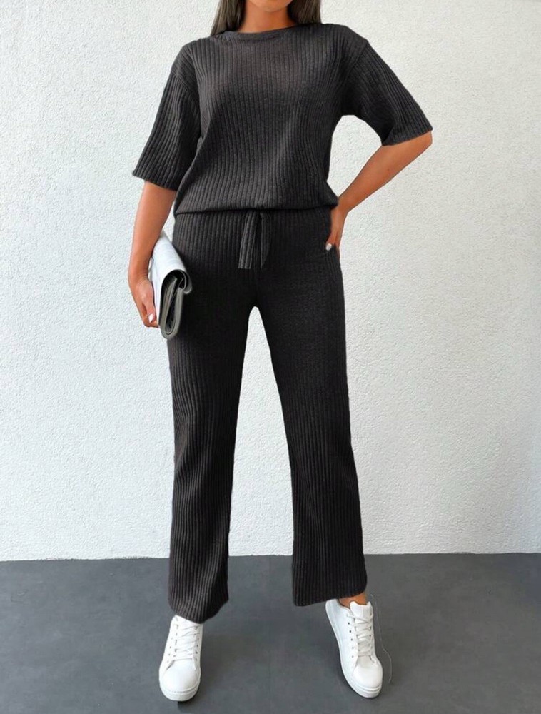 Drop Shoulder Rib-Knit Tee and Trousers Set