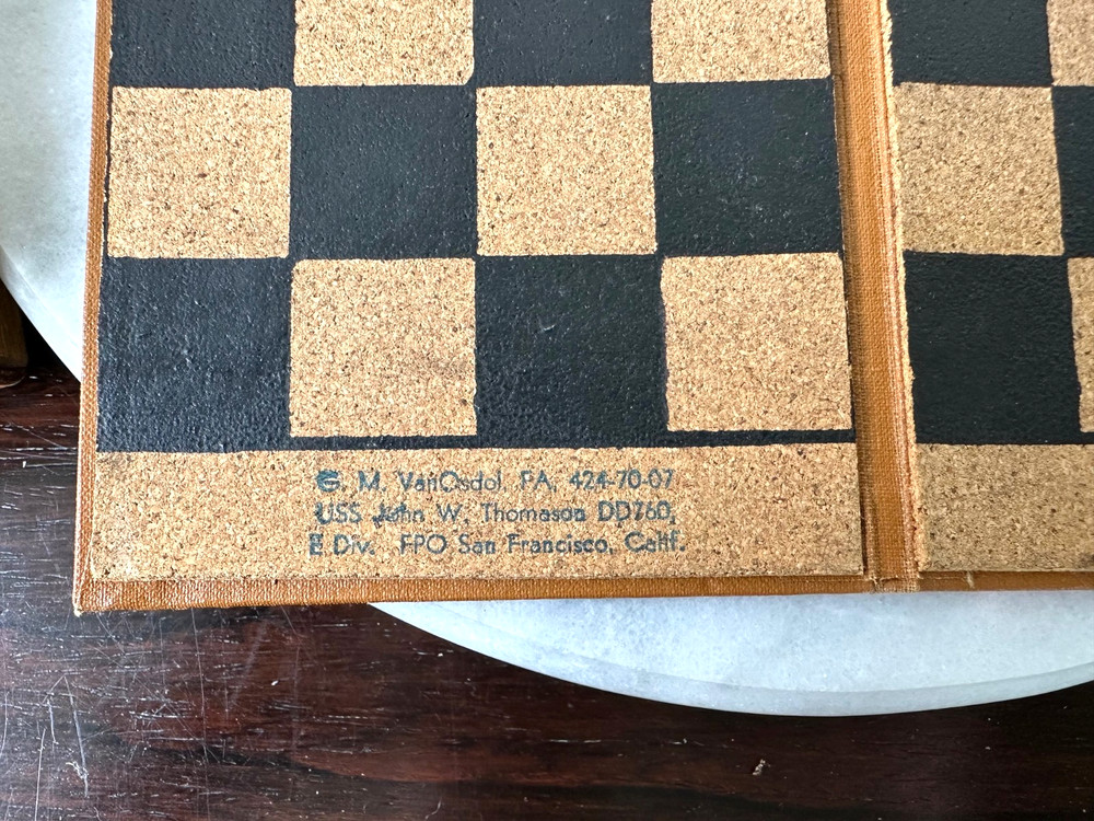 USS Thomason Chess/Checkers Set Folding Board Game Leather Tooled DS30
