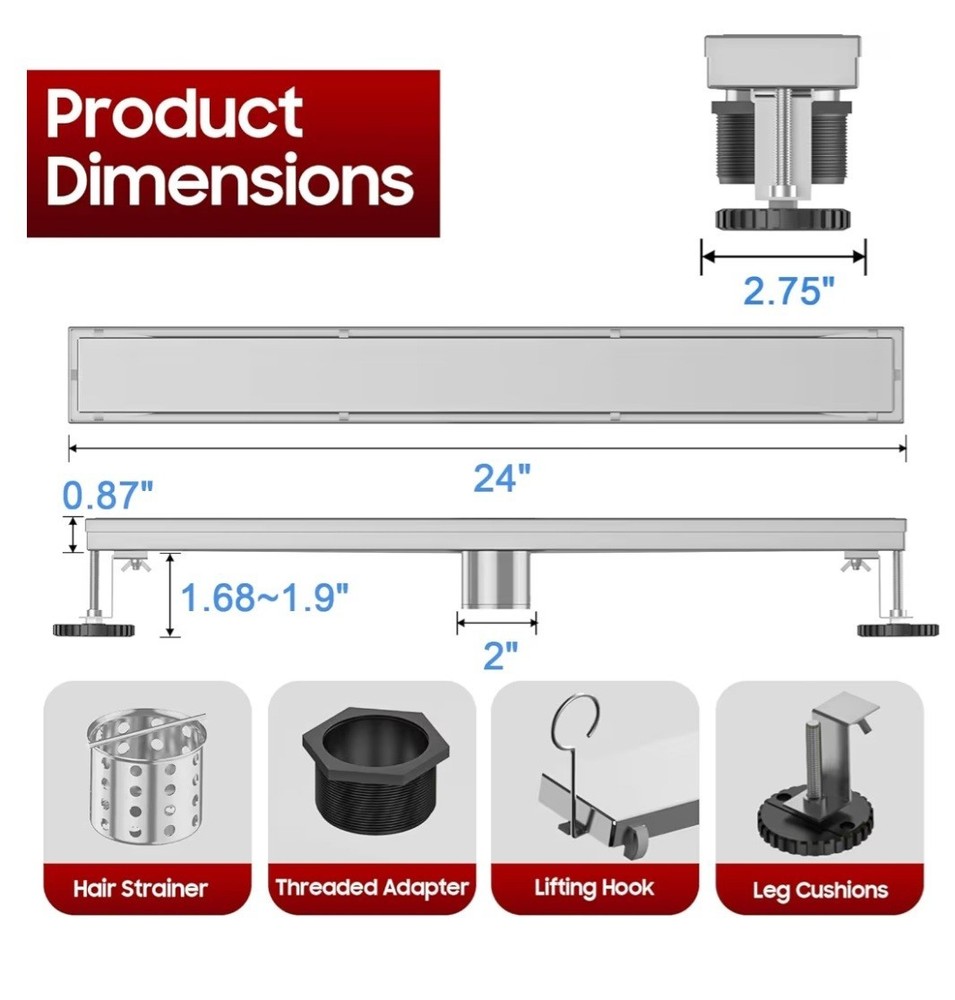 DLONE Brushed Nickel 24" Linear Shower Drain Rectangular Master