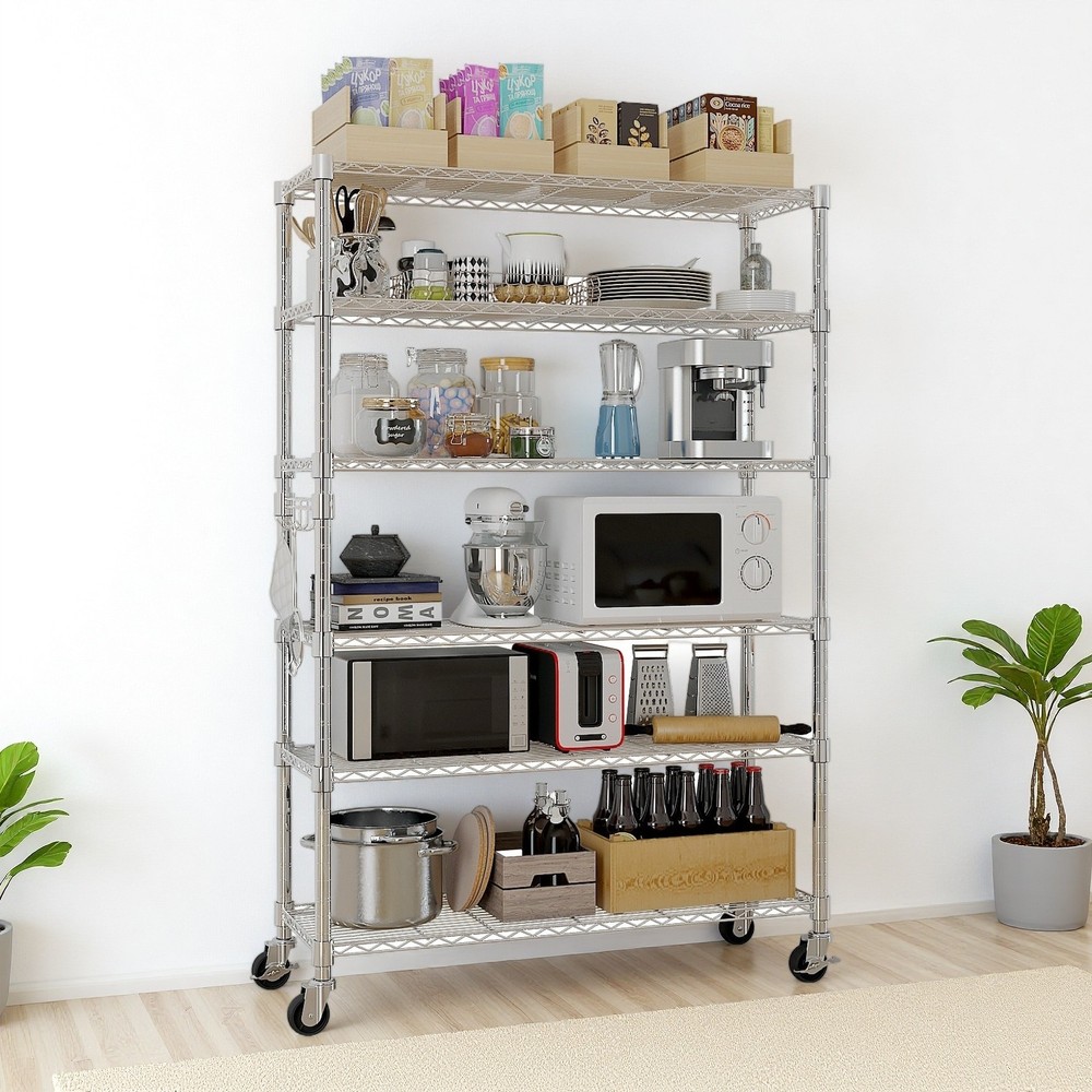 6-Tier Rolling Wire Shelving Unit - Heavy Duty, Adjustable, Silver & Hooks