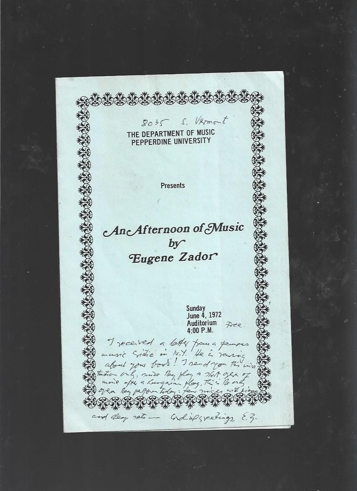 Hand Signed note  Autographed by Composer Eugene Zador on progam