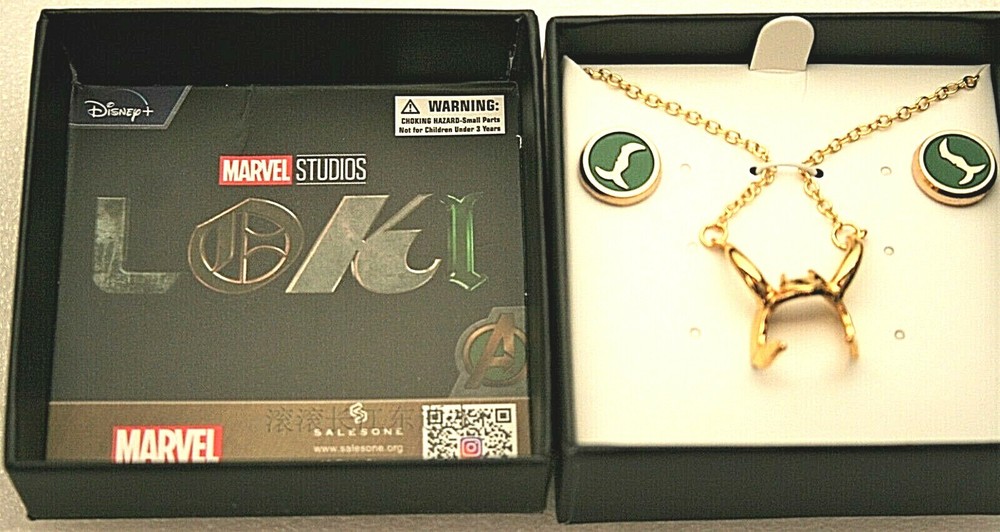 Marvel Studios Loki Horns Helmet Necklace & Earring Set MIB New