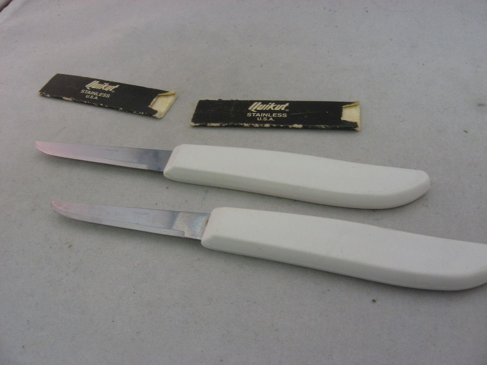 2 Two Vintage White Handle Quikut Kitchen Knives ~ Nice Condition~