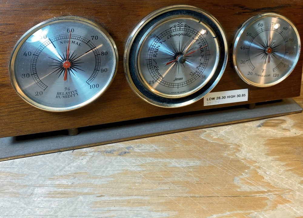Tabletop Weather Station featuring three analog gauges in a solid wood case