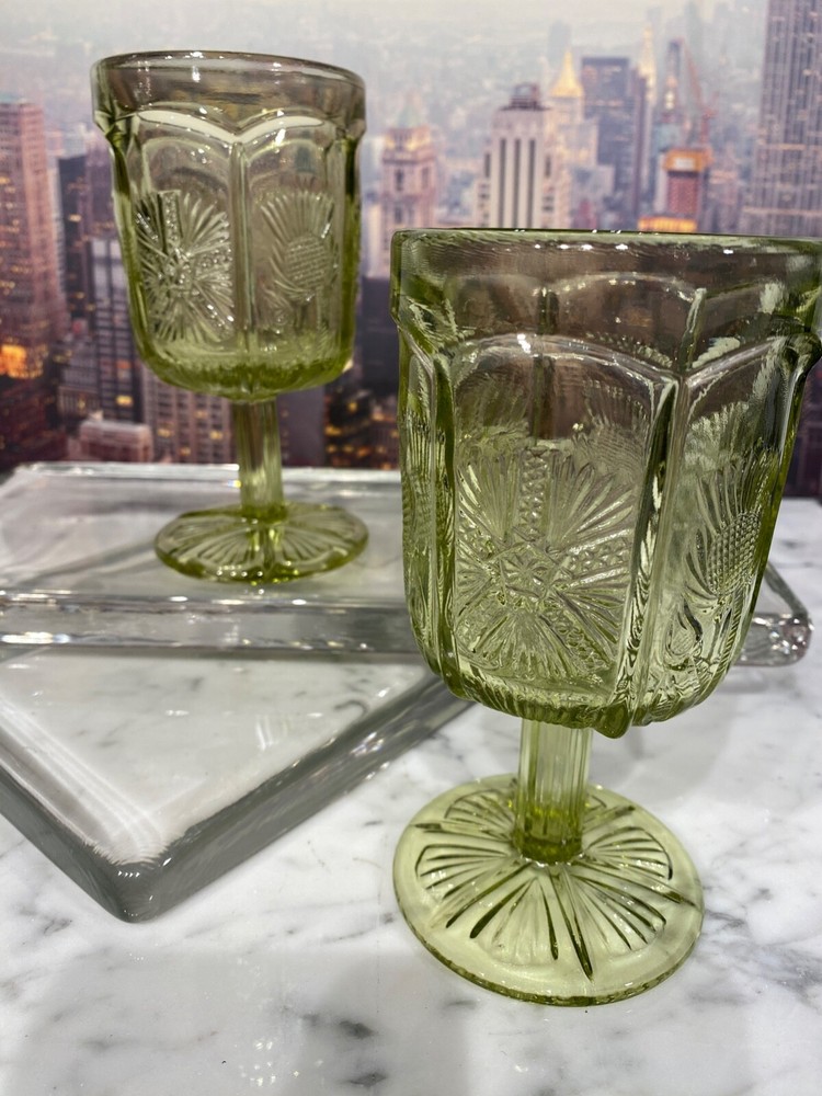 2 Paneled LG Wright Thistle Goblets Olive Green - See Pics
