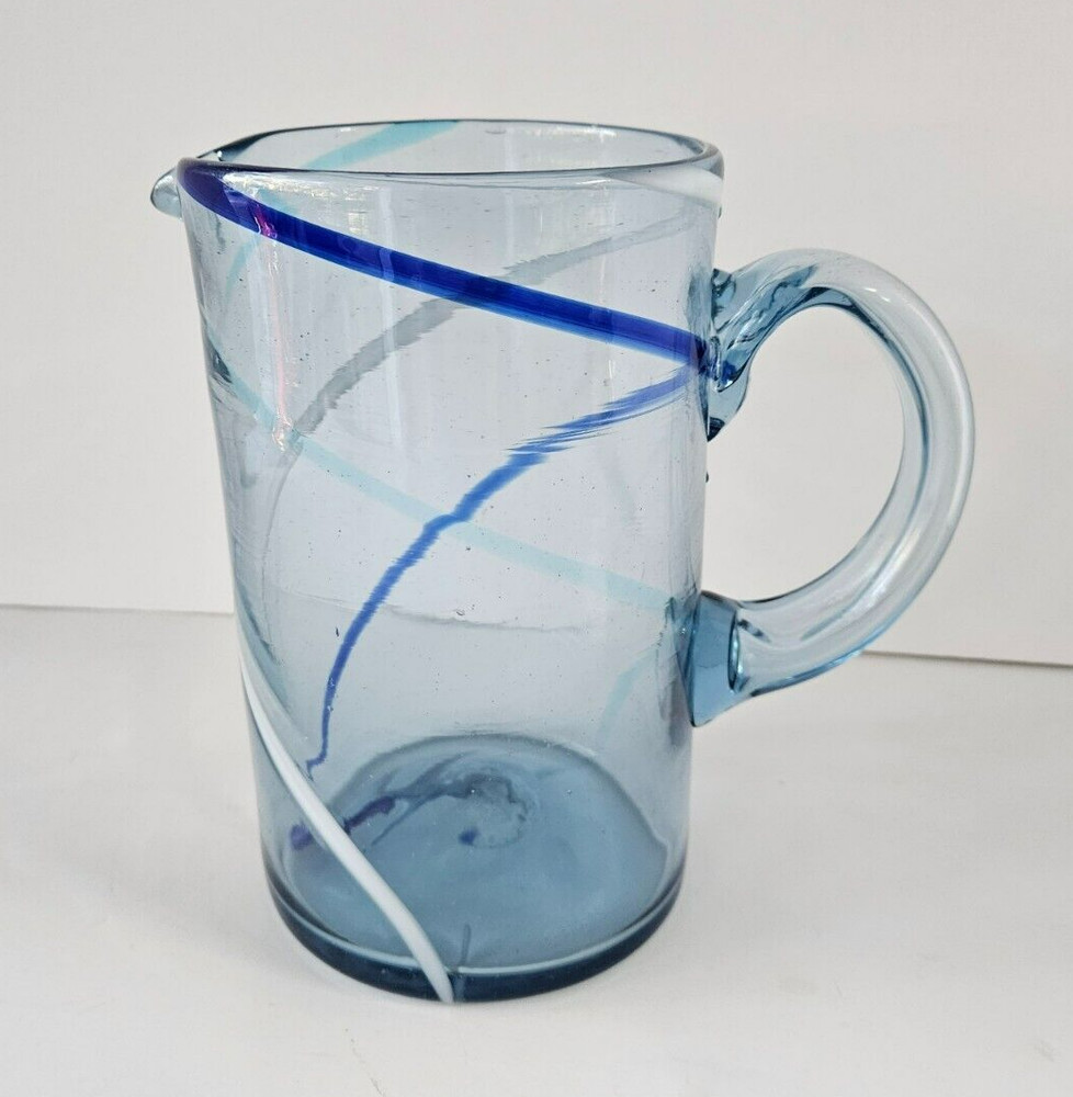 Mexico Hand Blown Glass Blue&White Swirl Pattern Pitcher